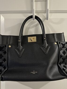 Black Leather Top Handle Satchel with Velvet Embossed Detail Gold Tone Accents